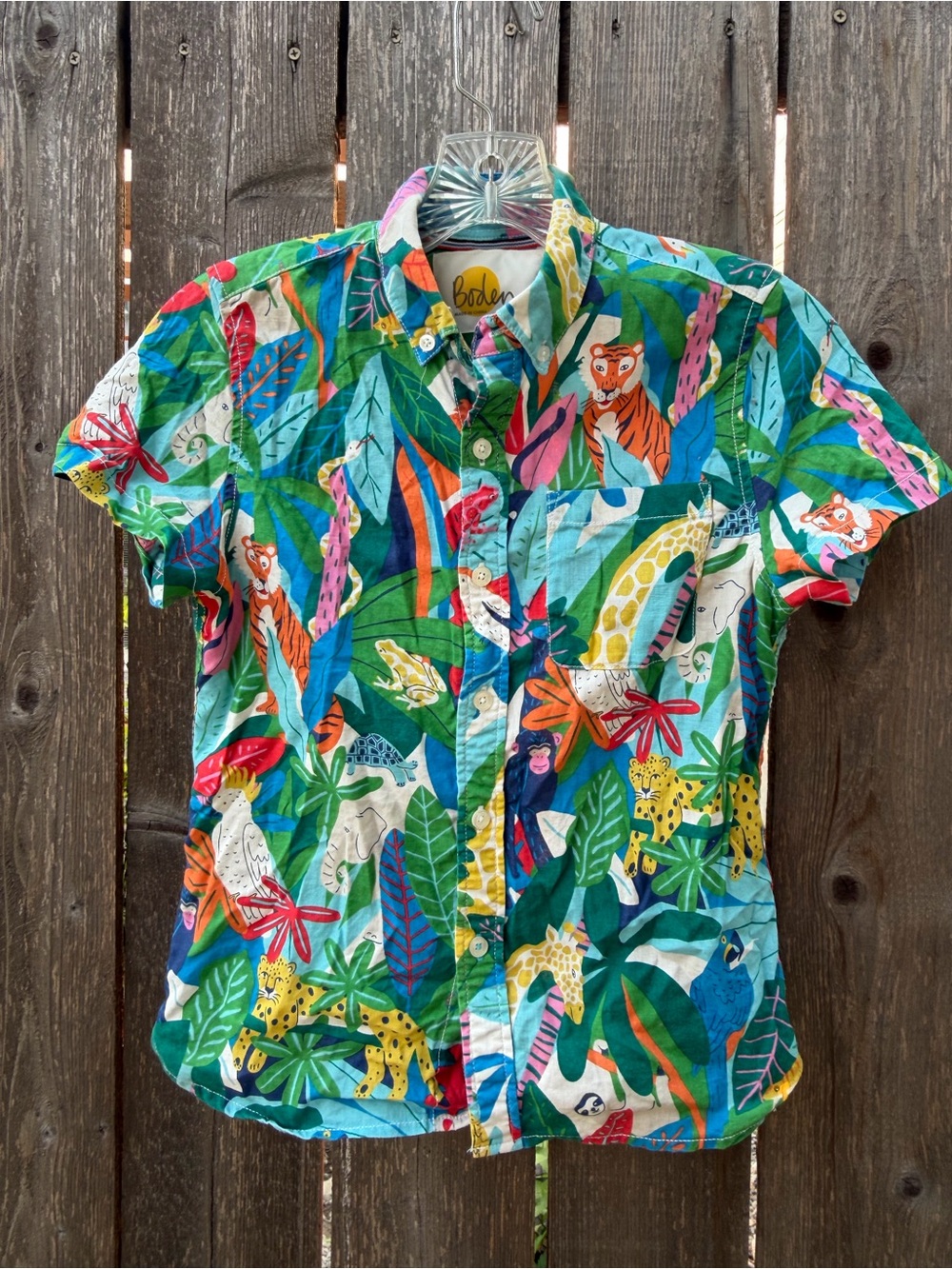 Kids 8-9y Boden Short-Sleeve Tropical Animal Print Shirt linen Blend